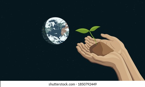 Ilustración vectorial plana detallada de dos manos con un brote que representa la sostenibilidad. La Tierra es visible en el fondo.