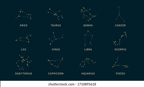 Detailed flat vector illustration of the zodiac horoscope constellations on top of a dim star background. Feel free to use only parts of the illustration too.
