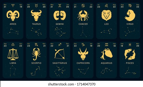 Detailed flat vector illustration of zodiac cards containing horoscope symbols, dates, constellations and signs. Feel free to use only parts of the illustration too.