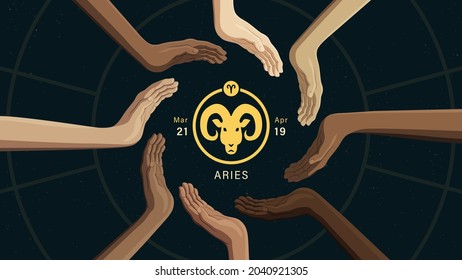 Detailed flat vector illustration of the zodiac horoscope sign of Aries surrounded by human hands from all around the world. Dim star background. Includes a name, the symbol on top and the dates.