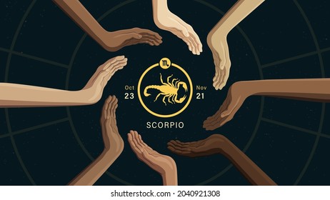 Detailed flat vector illustration of the zodiac horoscope sign of Scorpio surrounded by human hands from all around the world. Dim star background. Includes a name, the symbol on top and the dates.