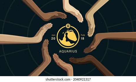 Detailed flat vector illustration of the zodiac horoscope sign of Aquarius surrounded by human hands from all around the world. Dim star background. Includes a name, the symbol on top and the dates.