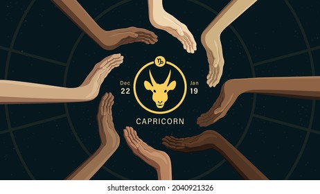 Detailed flat vector illustration of the zodiac horoscope sign of Capricorn surrounded by human hands from all around the world. Dim star background. Includes a name, the symbol on top and the dates.