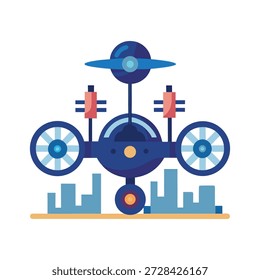 Detailed flat vector scene depicting futuristic autonomous transport navigating advanced city environments with intelligent systems