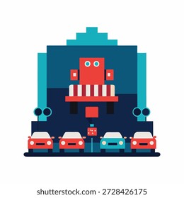 Escena de Vector plano detallada que ilustra experiencias de conducción futuristas mejoradas por tecnología autónoma e infraestructura conectada