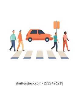 Escena detallada de Vector plano que ilustra a los peatones interactuando de forma segura con el transporte autónomo en las ciudades modernas
