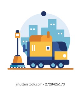 Escenario detallado de Vector plano que muestra los Grandes vehículos de transporte autónomos que operan dentro de las infraestructuras urbanas modernas