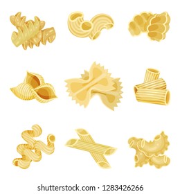 Detailed flat vector set of traditional Italian pasta of different shapes. Uncooked macaroni. Organic food