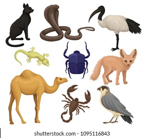 Detailed flat vector set of various Egyptian animals, birds and insects. Ibis, fennec fox, scarab beetle, small-spotted lizard. African wildlife