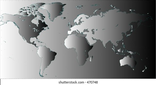 Detailed Flat World Map In Vector, In Black And White Gradient