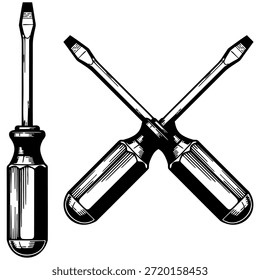 Detallada Ilustración vectorial de destornillador de cabeza plana en estilo clásico grabado, perfecta para hardware, construcción y temas de mejoras para el hogar, archivo EPS aislado para diseño