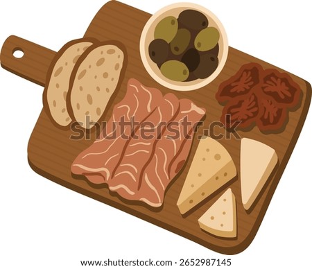 A detailed flat-style vector illustration of an antipasto platter featuring cured meats, cheese slices, olives, sun-dried tomatoes on a wooden board for menu designs, Italian cuisine content