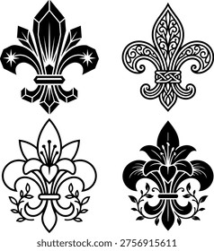 Detailed Fleur-de-lis Vector Set - Four Premium French Lily Heraldic Ornaments and Floral Emblems