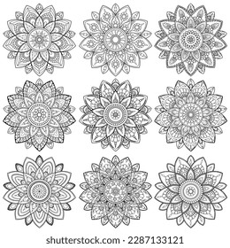 Detailed floral Mandalas set. Vector illustration collection of outline black mandalas for coloring, decoration, print, tattoo,  antistress