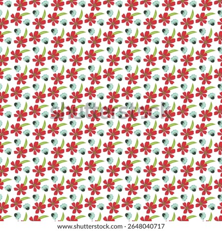 A detailed floral pattern featuring red flowers and green leaves. The seamless design is perfect for wallpapers, textiles, or digital backgrounds with a nature-inspired and decorative aesthetic.