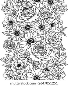 Detailed Floral Pattern Illustration featuring Roses and Daisies in a Dense Arrangement Black and White Botanical Art