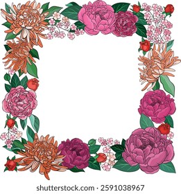 A detailed floral vector illustration, square frame adorned with lush pink peonies, orange chrysanthemums, cherry blossoms, and red rosebuds with green leaves on white background