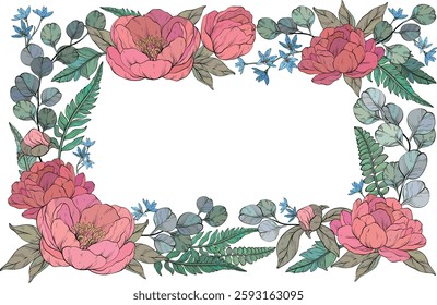 A detailed floral vector illustration of a square frame adorned with lush delicate peonies, small blue flowers, and eucalyptus leaves, elegantly arranged with fern accents, set on white background