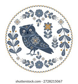 Una Ilustración vectorial folclórica detallada de un búho rodeado por un círculo de elegantes patrones florales. La obra de arte presenta diseños intrincados, que destacan la armonía entre la naturaleza y el arte.