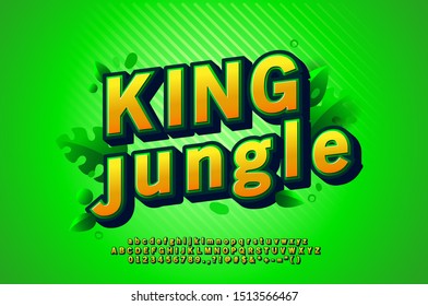 Detailed Font Effect For Headline And Logo Design, Green And Bold Alphabet, Realistic 3d Font With Shadow And Texture Pattern, Isolated With Tropical Leaf And Green Background.