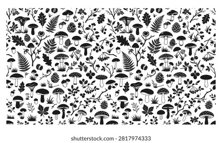 Detailed forest floor pattern with mushrooms and leaves vector seamless design