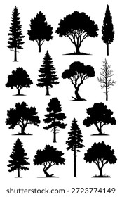 Conjunto detallado de siluetas de árboles forestales que incluye abeto de pino y árboles caducifolios para el diseño de paisajes naturales y ambientes al aire libre.
