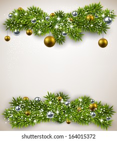 Detailed frame with fir bundles and golden balls. Christmas background. Vector illustration. 