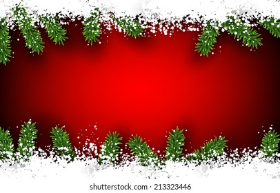 Detailed frame with fir. Red christmas background. Vector illustration. 