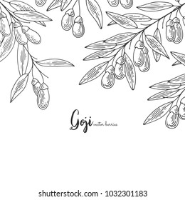 Detailed frame with goji berries. Hand drawn elements for invitations, greeting cards, wrapping paper, cosmetics packaging, labels, tags, posters etc