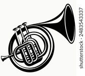 Detailed French horn vector illustration perfect for music-themed projects, educational materials, and artistic designs.