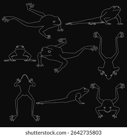 Detailed frogs sketched in various poses, each with unique shapes and sizes, set against a black background. The bright colors of the frogs contrast sharply with the dark backdrop, making them.