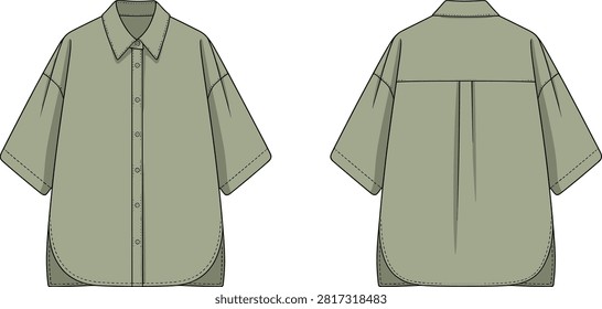 Detailed front and back technical drawing of a short sleeve button up shirt with rounded hem, essential for garment production.