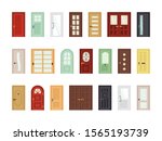 Detailed front doors flat vector icons set. Room, office doorway. Cartoon closed contemporary doors isolated on white background collection. Color house entrances modern design. Exterior elements