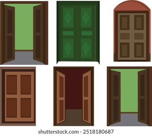 Detalhada portas dianteiras plana vetor ícones set.Hand desenhado ilustrações vetoriais - velho vintage doors.Doors vetor vintage porta entrada dianteira elevador entrada ou elevador interior casa interior ilustração conjunto