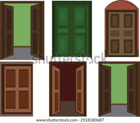 Detailed front doors flat vector icons set.Hand drawn vector illustrations - old vintage doors.Doors vector vintage doorway front entrance lift entry or elevator indoor house interior illustration set