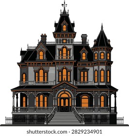 Detailed front view of a spooky gothic haunted mansion with lit windows, turrets, and wraparound porch. Perfect for horror themes.