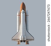 A detailed front-facing view of a space shuttle launch vehicle is depicted against a neutral grey background. 