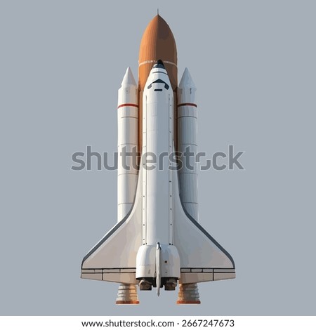 A detailed front-facing view of a space shuttle launch vehicle is depicted against a neutral grey background. 