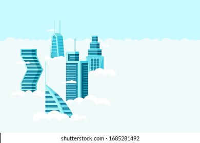 Detailed future city with different architecture high buildings skyscrapers apartments above clouds. Futuristic cityscape town. Vector real estate construction over sky flat illustration