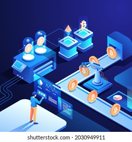 Detailed Futuristic Cryptocurrency Technology Exchange Isometric Vector Illustration. People and Robot Working on Mining Crypto with Analyst Chart. Perfect for Web design, Banner, and Presentation.