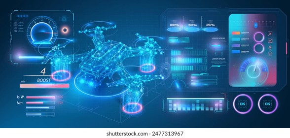 A detailed futuristic HUD interface displaying a drone with various data visualizations and technical information. Perfect for illustrating advanced technology, drone controls, and digital interfaces.