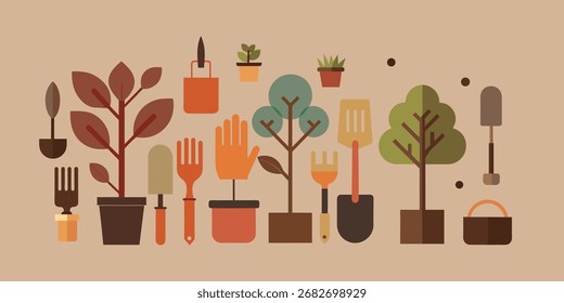 Ilustração detalhada de ferramentas de jardinagem com pás, ancinhos, latas de água e luvas. Perfeito para projetos de design agrícola, hortícola e paisagístico ou impressões DIY criativas.
