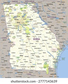 Detailed geographic and road map of the State of Georgia, USA, highlighting major cities, interstate highways, and diverse topographical features.