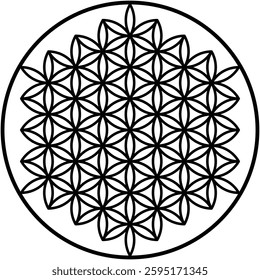Detailed geometric black pattern design with isolated background, intricate arrangement of intersecting shapes within bold circular border, abstract and symmetrical pattern with modern style.