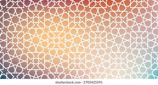 Detailed geometric design featuring repeating stars and squares, overlaid on a soft gradient of pink, orange, yellow, and blue hues.