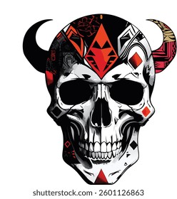 A detailed geometric devil skull with tribal and tattoo elements. Perfect for tattoos, gaming, gothic art, merchandise, and digital designs.