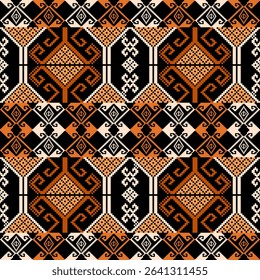A detailed geometric pattern features black, white, orange, and beige colors with intricate symmetrical motifs and tribal-inspired design elements.