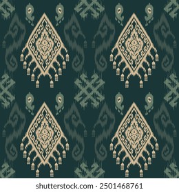 A detailed geometric pattern featuring beige diamond motifs on a deep green background. The design is symmetrical, with intricate borders and abstract shapes, combining traditional and modern element
