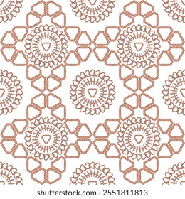 Detailed geometric pattern, hexagons and circles, symmetrical layout, brown and white color scheme, repeating elements, ideal for backgrounds, wallpapers, textiles, and digital art, visually appealing