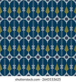 A detailed geometric textile pattern with blue, yellow, white, and purple colors, featuring symmetrical motifs resembling wheat stalks and diamond shapes.